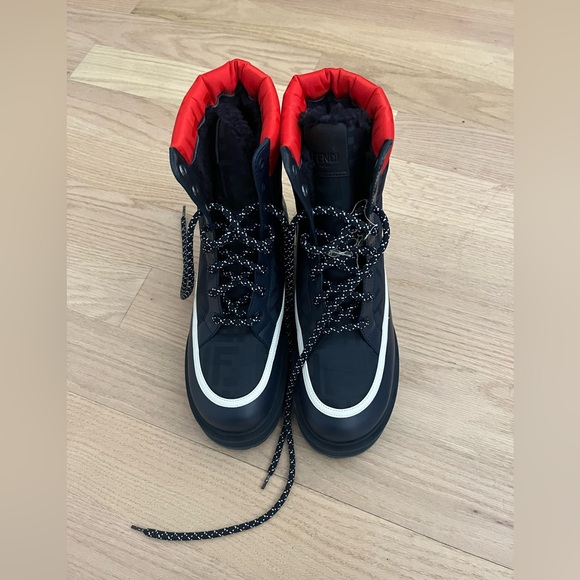 Fendi Shoes - FENDI Logo-jacquard Leather Ankle Shearling Snow Winter Boots